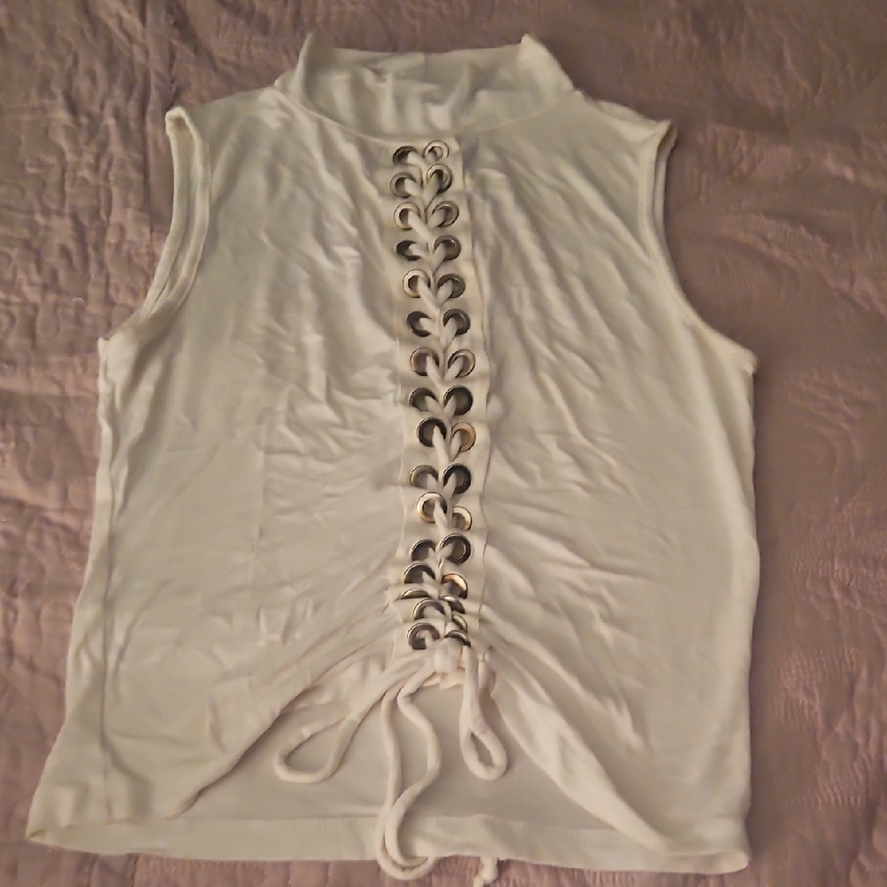 Elegant White Sleeveless Top with Lace-Up Detail